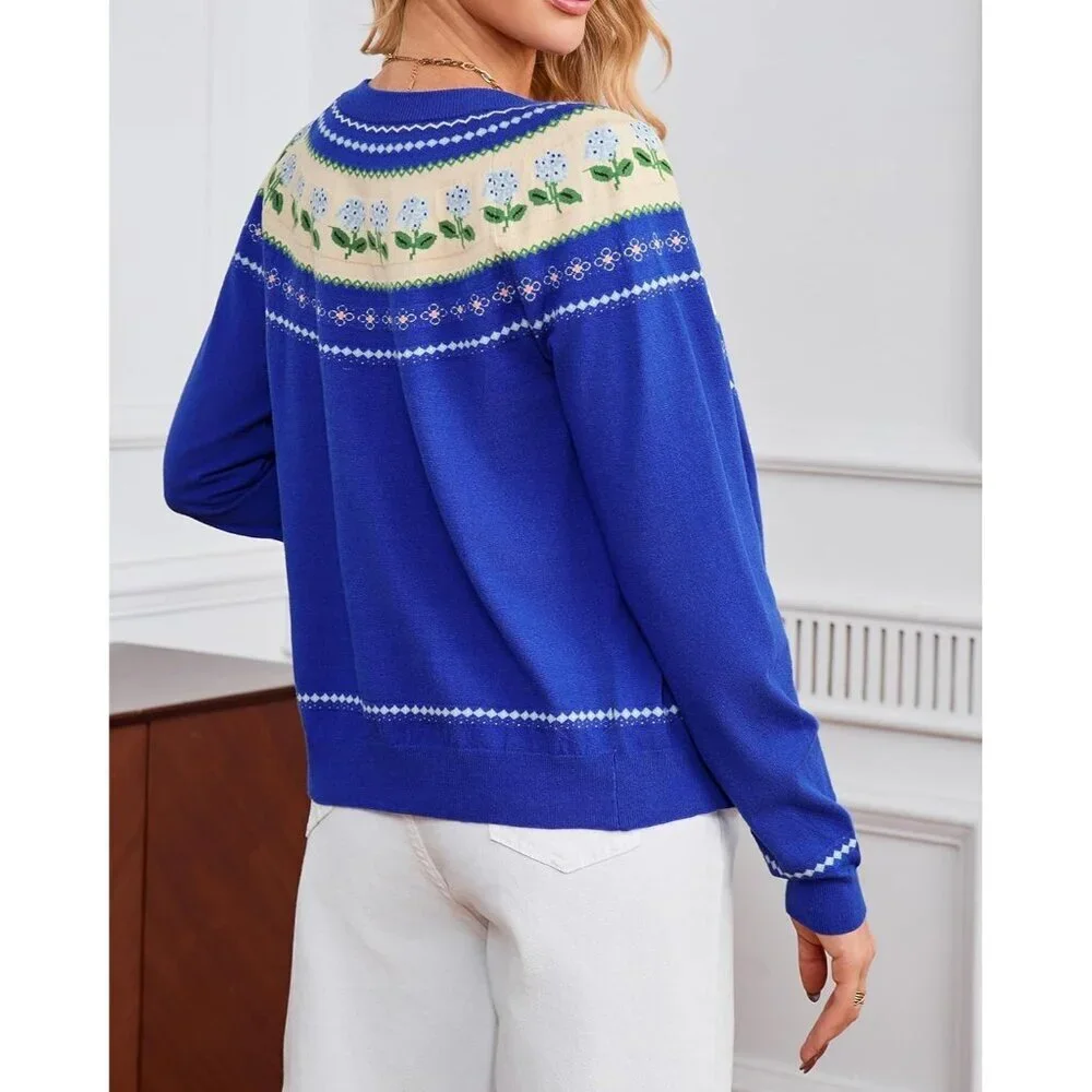 Women's Long Sleeve Knit Cardigan Floral Print Button Front Crew Neck